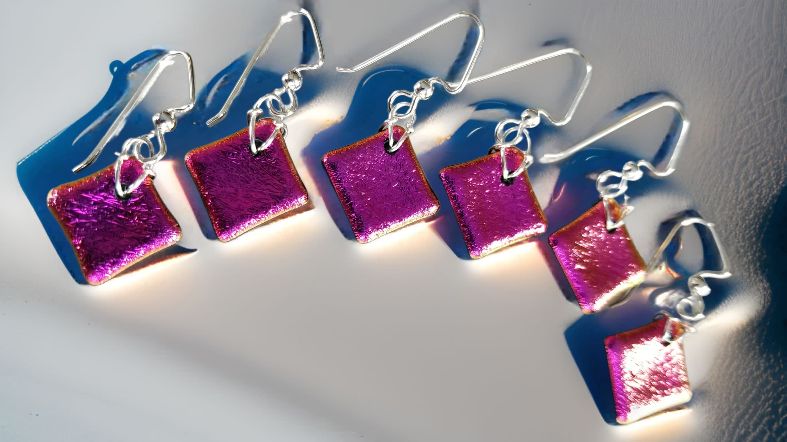 Pink Dichroic Square Earrings by Moss Creek Art