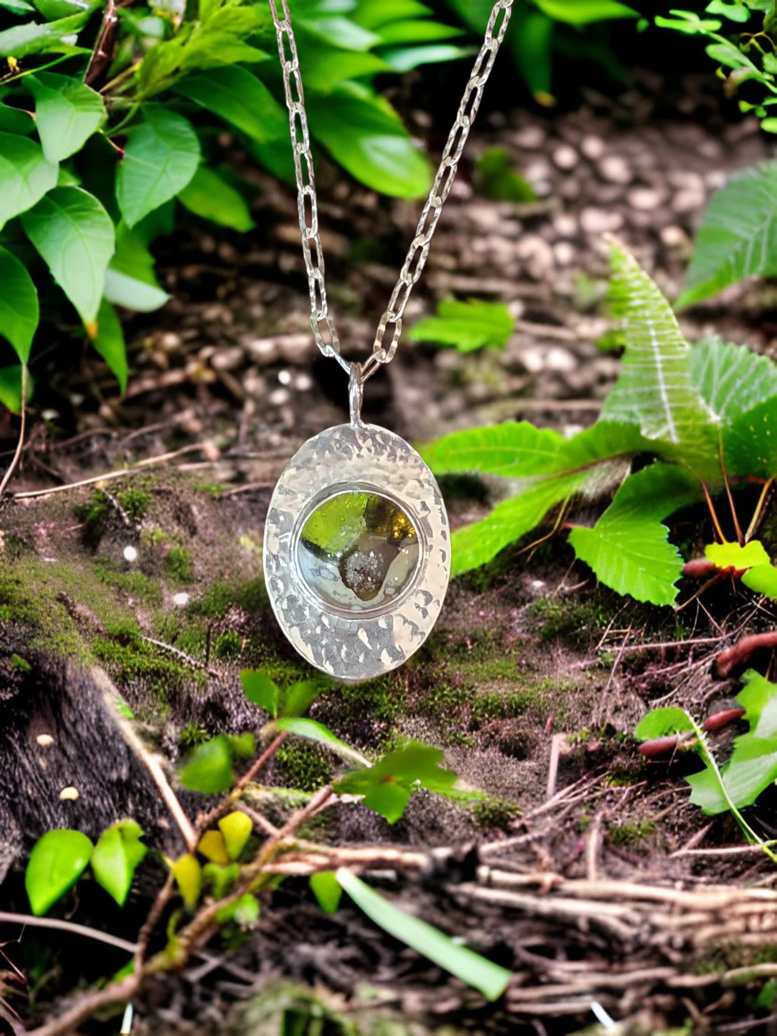 Cremation Hammered Oval Pendant w/ Circle Center by Moss Creek Art