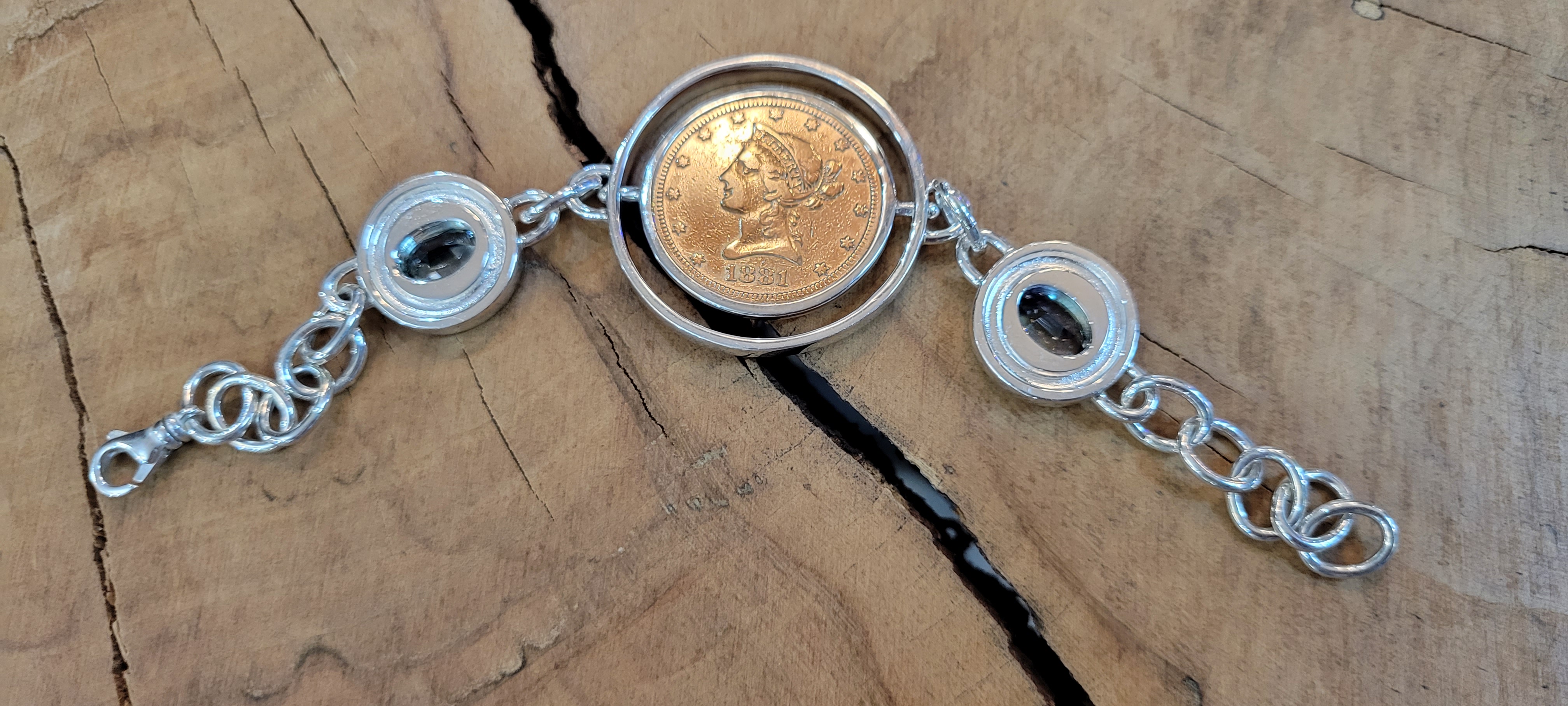 Moss Creek Art custom work: Tanzanite and Coin bracelet